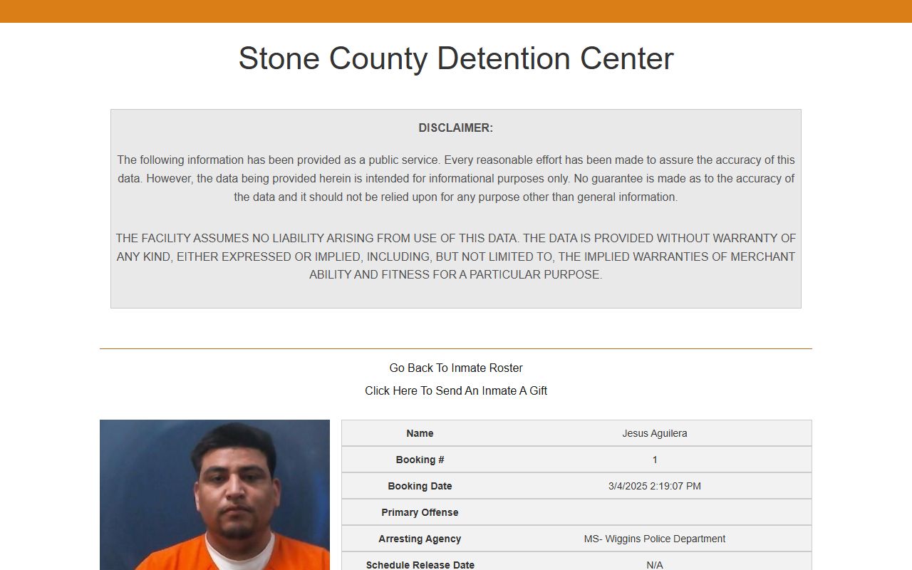 Stone County jail mugshot and inmate profile fields